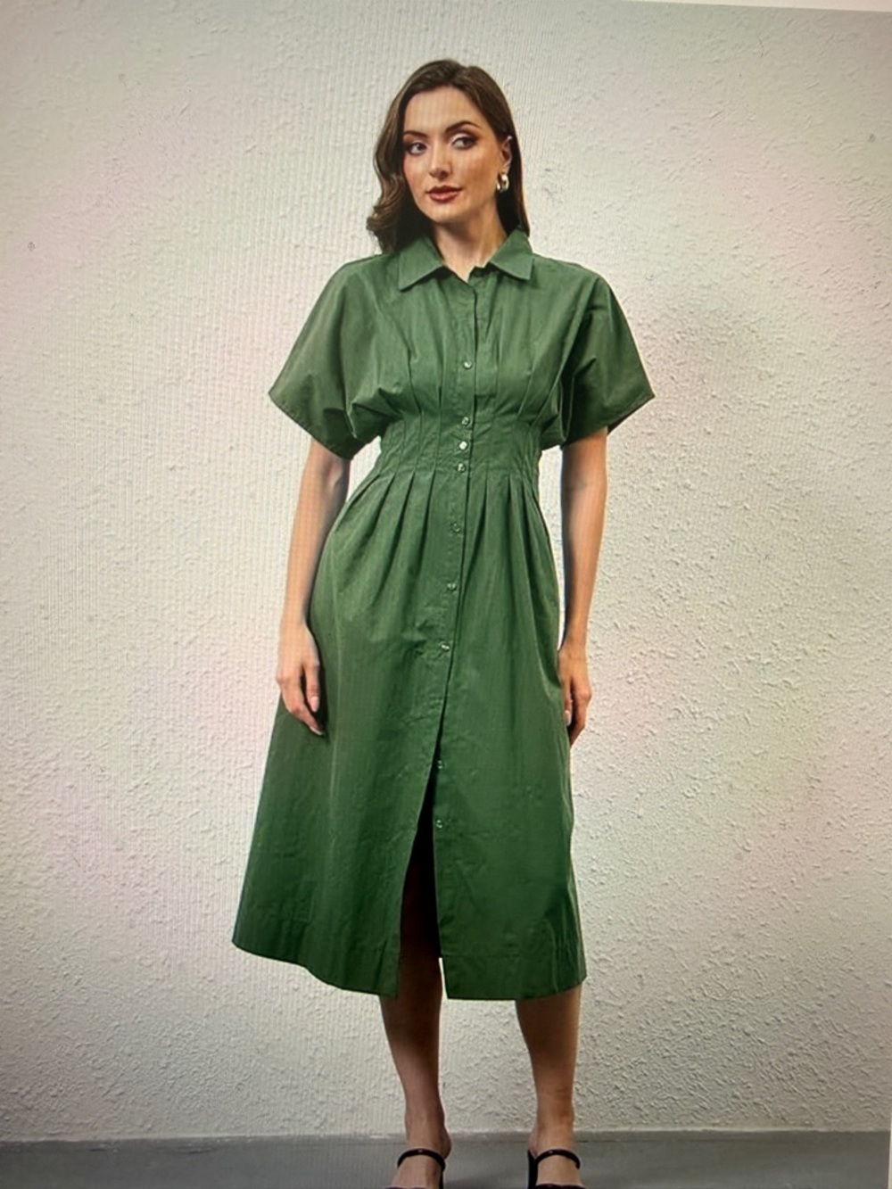 Forest Green Pleated Button-Front Women's midi dress...100% Cotton...so darling